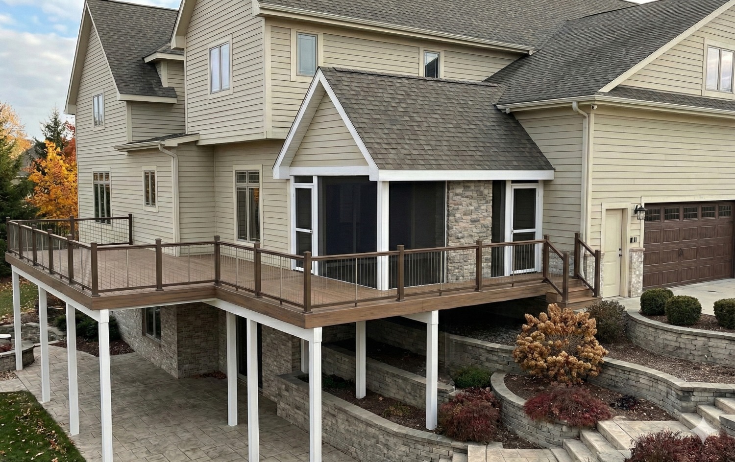 A stunning 3D visualization of a spacious deck at twilight.