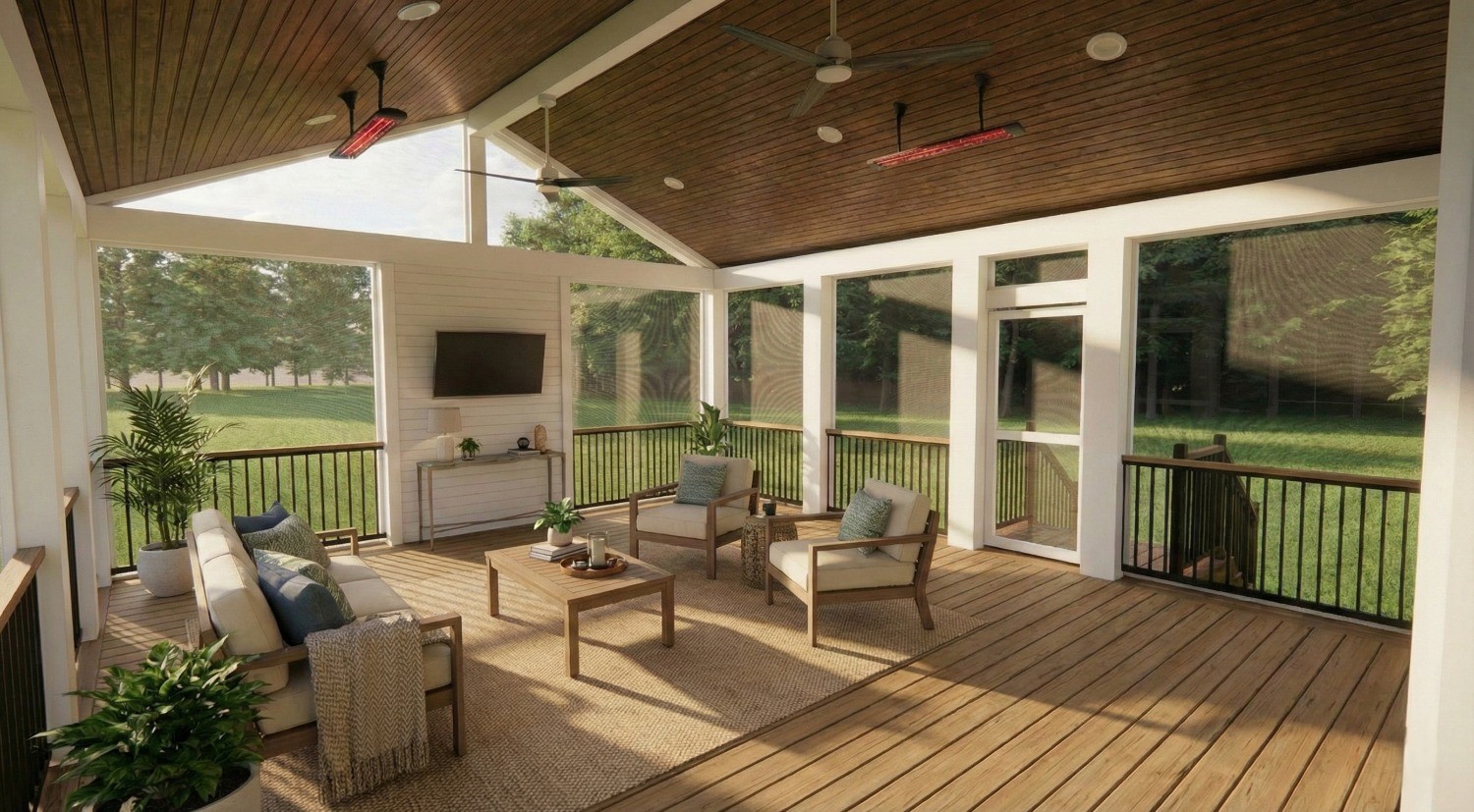 A photorealistic rendering of a screen room with a fireplace.